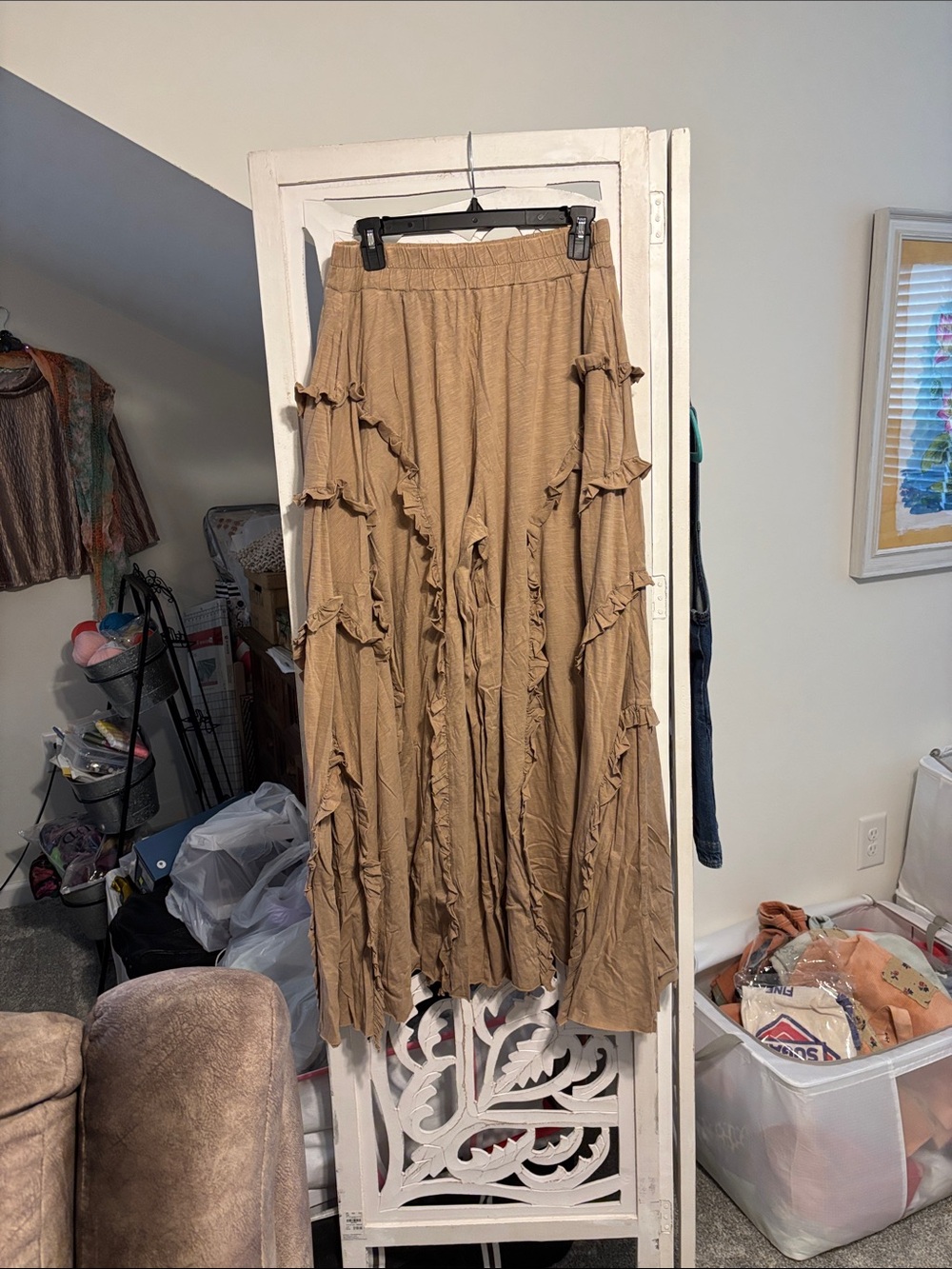 Ruffled Maxi Wide leg Pants in Tan